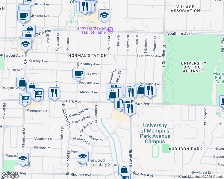 map of restaurants, bars, coffee shops, grocery stores, and more near 3854 Marion Avenue in Memphis