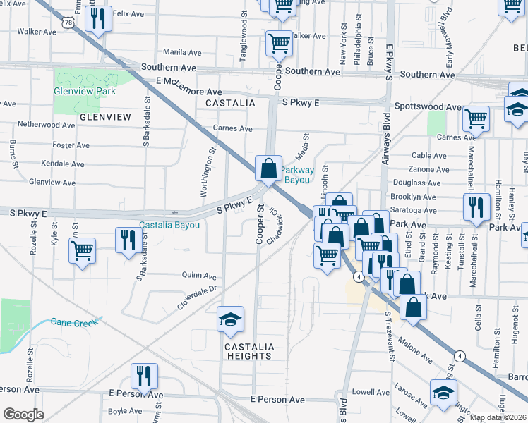 map of restaurants, bars, coffee shops, grocery stores, and more near 2114 Claremont Circle in Memphis