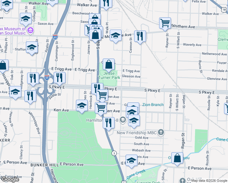 map of restaurants, bars, coffee shops, grocery stores, and more near 1292 Quinn Avenue in Memphis