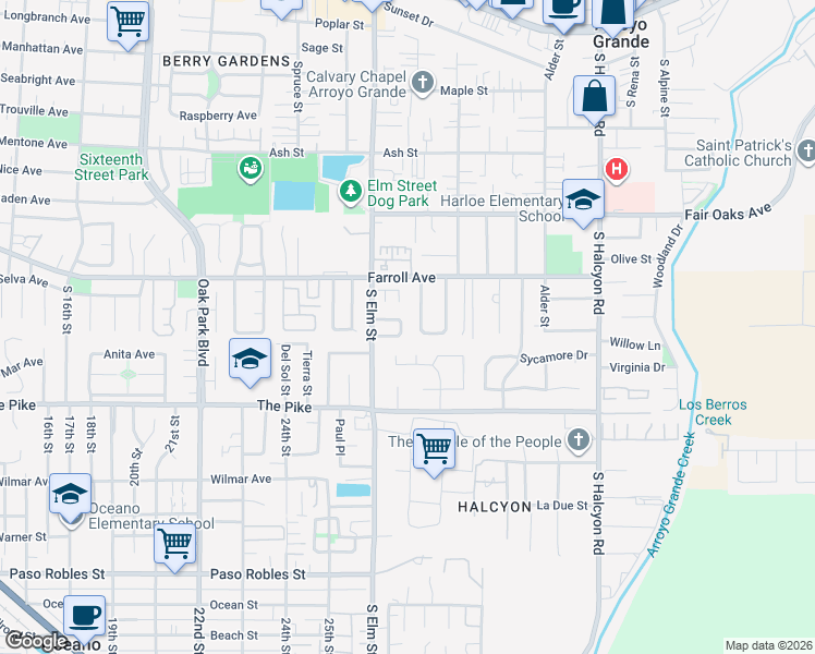 map of restaurants, bars, coffee shops, grocery stores, and more near 1172 Pacific Pointe Way in Arroyo Grande