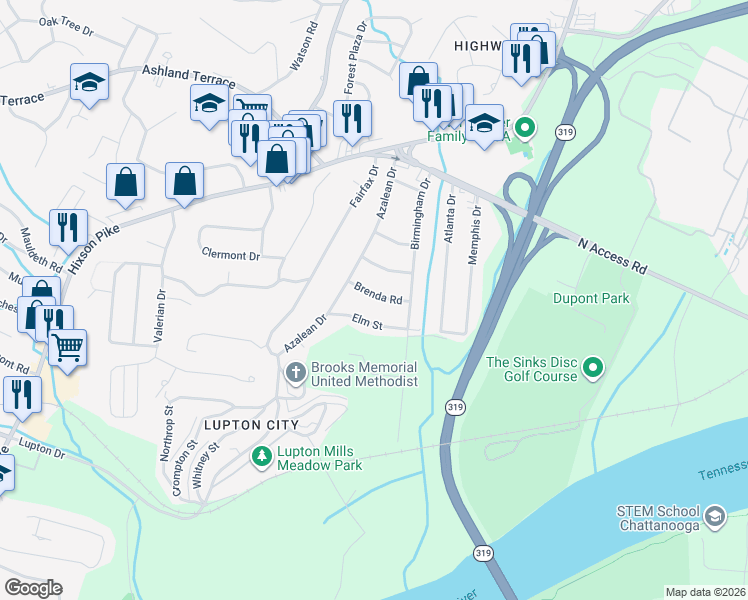map of restaurants, bars, coffee shops, grocery stores, and more near 1420 Brenda Road in Chattanooga