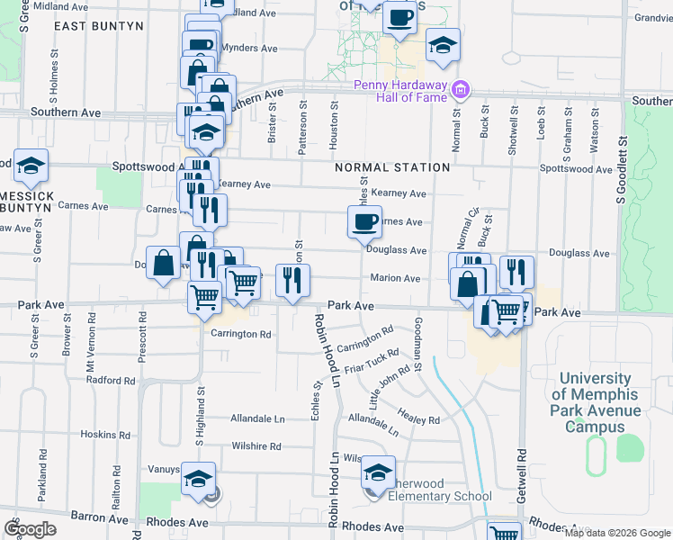 map of restaurants, bars, coffee shops, grocery stores, and more near 3674 Marion Avenue in Memphis
