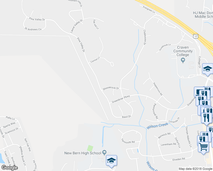 map of restaurants, bars, coffee shops, grocery stores, and more near 4010 Shinnecock Drive in New Bern