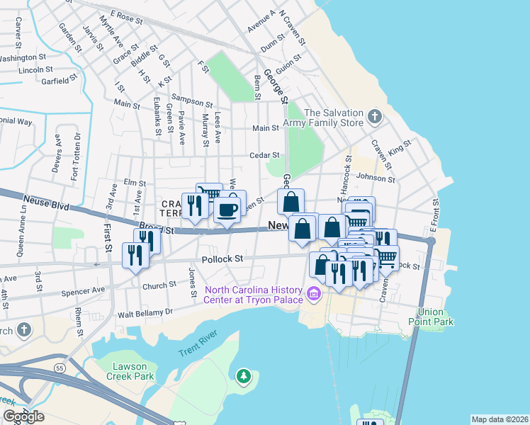 map of restaurants, bars, coffee shops, grocery stores, and more near 412 Bern Street in New Bern
