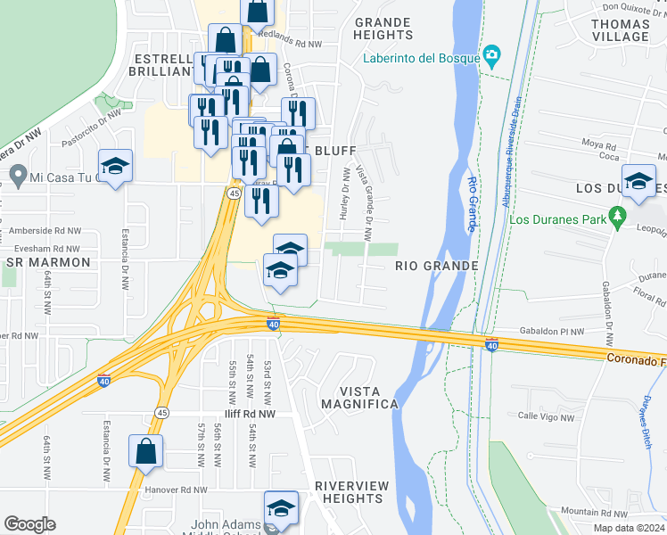 map of restaurants, bars, coffee shops, grocery stores, and more near 2309 Hurley Drive Northwest in Albuquerque