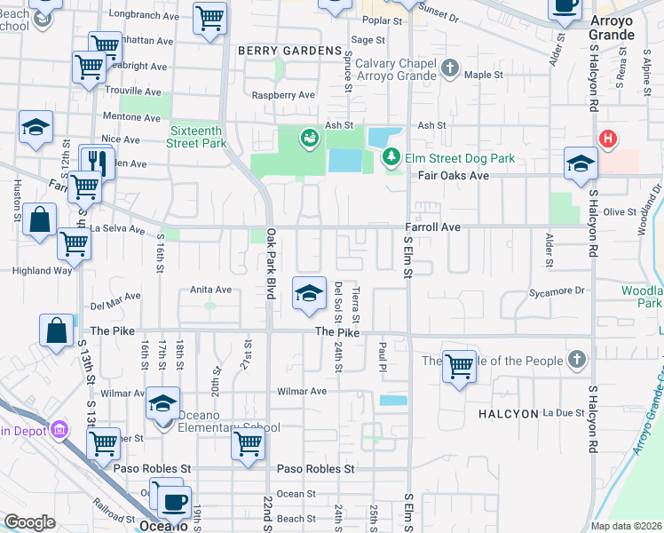 map of restaurants, bars, coffee shops, grocery stores, and more near in Arroyo Grande
