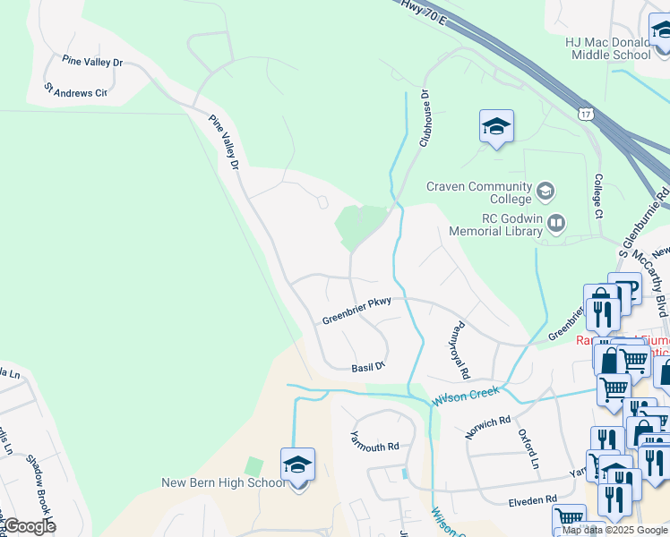 map of restaurants, bars, coffee shops, grocery stores, and more near 4002 Shinnecock Drive in New Bern
