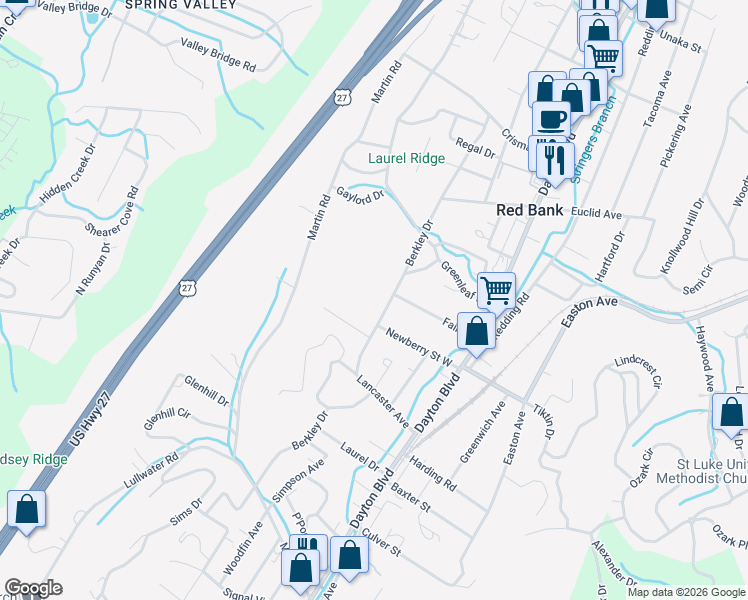 map of restaurants, bars, coffee shops, grocery stores, and more near 3207 Berkley Drive in Chattanooga