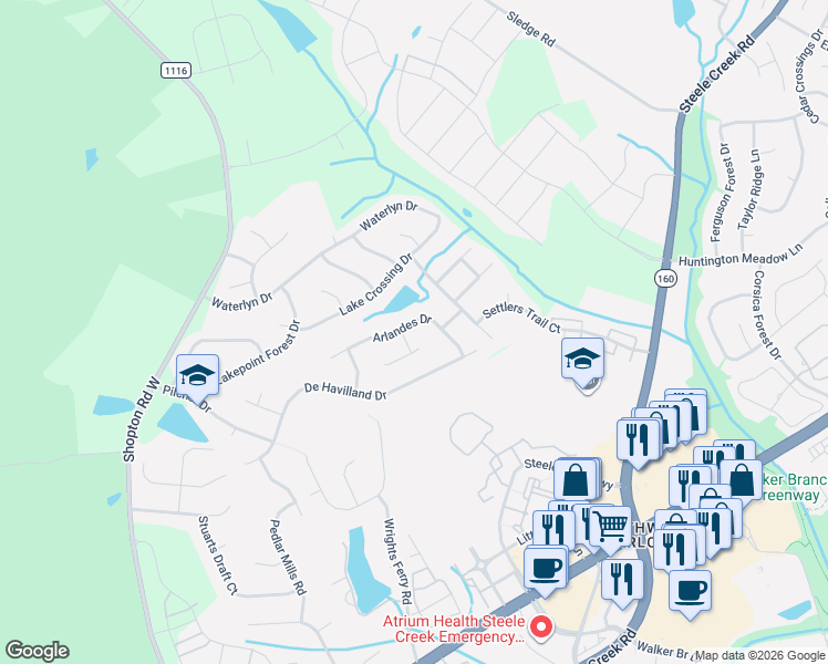 map of restaurants, bars, coffee shops, grocery stores, and more near 15210 Pangborn Place in Charlotte