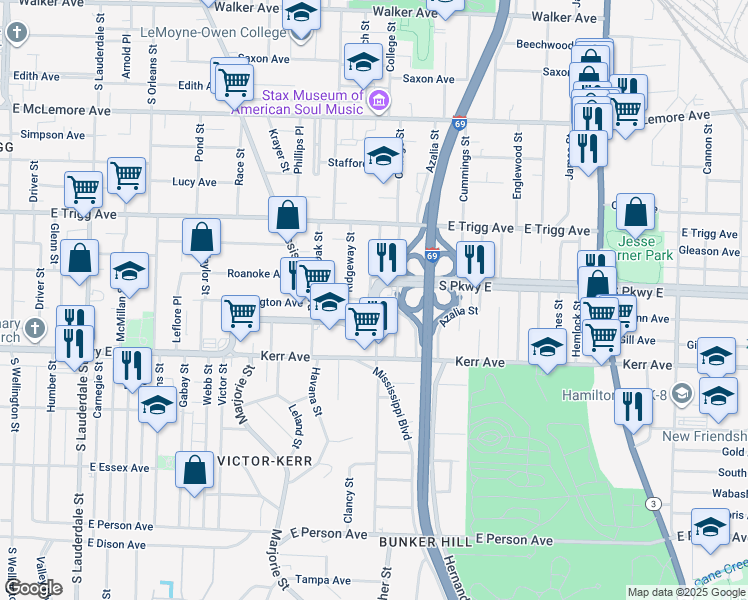 map of restaurants, bars, coffee shops, grocery stores, and more near 938 Bullington Avenue in Memphis