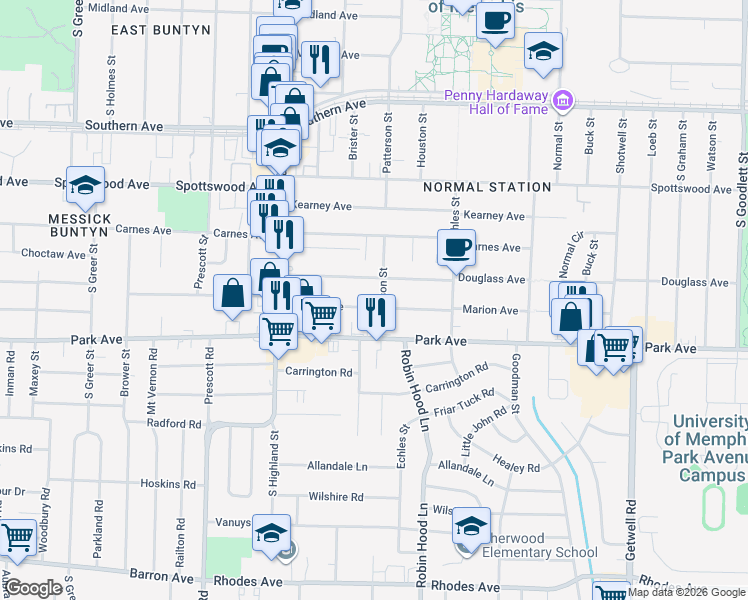 map of restaurants, bars, coffee shops, grocery stores, and more near 3620 Marion Avenue in Memphis
