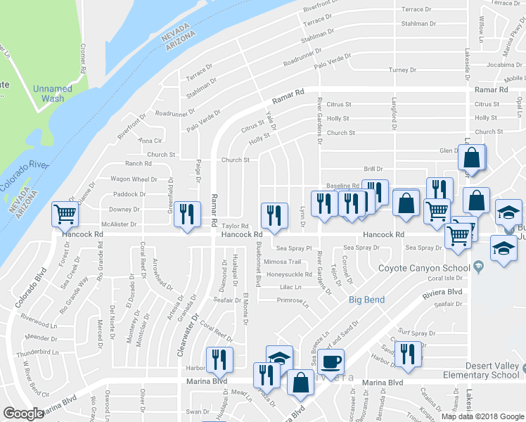 map of restaurants, bars, coffee shops, grocery stores, and more near 1710 Bluebonnet Boulevard in Bullhead City