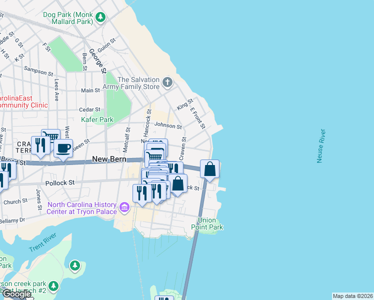 map of restaurants, bars, coffee shops, grocery stores, and more near 221 New Street in New Bern