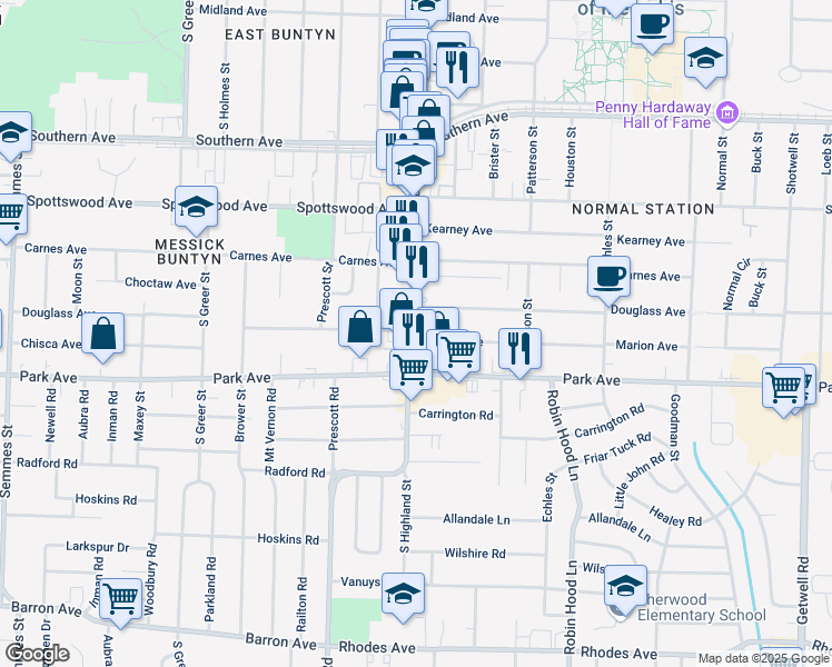 map of restaurants, bars, coffee shops, grocery stores, and more near 824 South Highland Street in Memphis