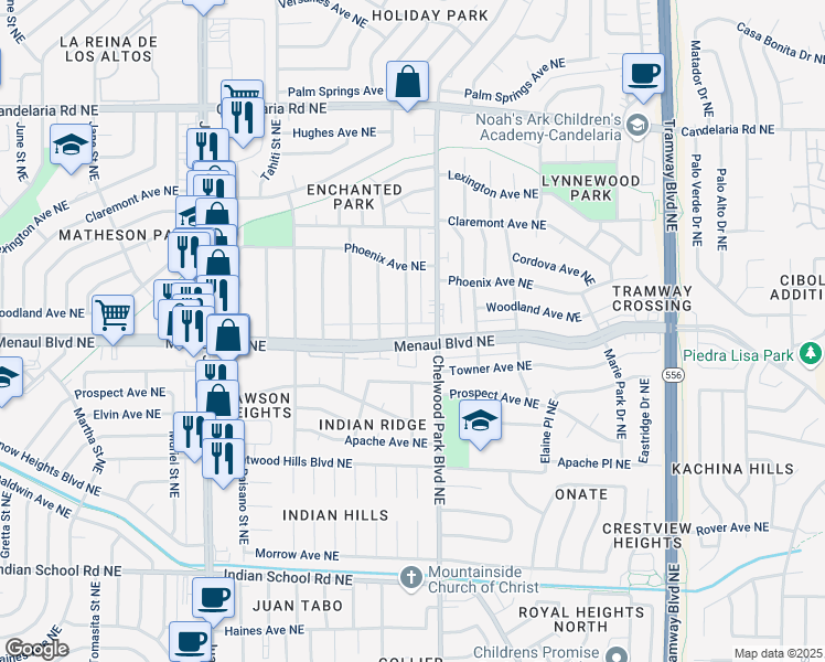 map of restaurants, bars, coffee shops, grocery stores, and more near 11937 Menaul Boulevard Northeast in Albuquerque