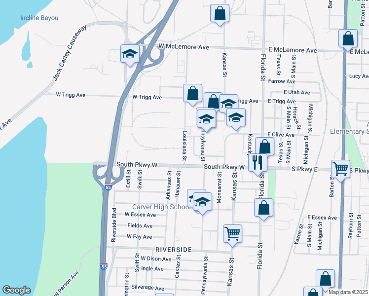 map of restaurants, bars, coffee shops, grocery stores, and more near 1424 Louisiana Street in Memphis