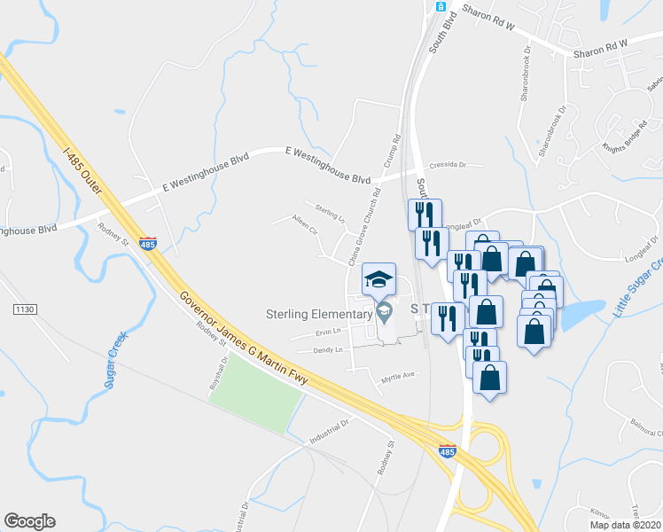 map of restaurants, bars, coffee shops, grocery stores, and more near 1022 Aileen Circle in Pineville