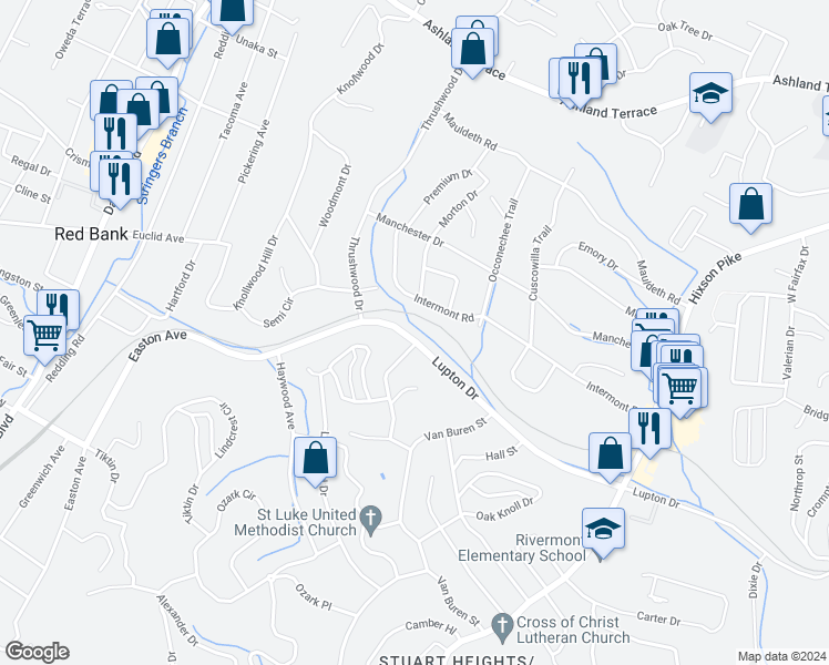 map of restaurants, bars, coffee shops, grocery stores, and more near 541 Lupton Drive in Chattanooga