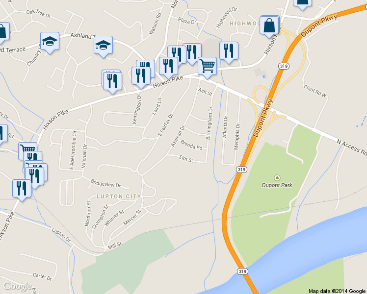map of restaurants, bars, coffee shops, grocery stores, and more near 1420 Brenda Rd in Chattanooga