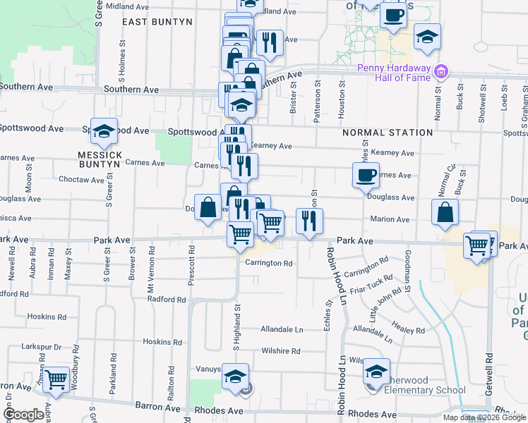 map of restaurants, bars, coffee shops, grocery stores, and more near 3540 Marion Avenue in Memphis