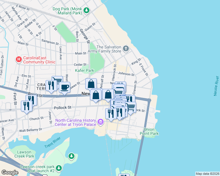 map of restaurants, bars, coffee shops, grocery stores, and more near 407 Hancock Street in New Bern