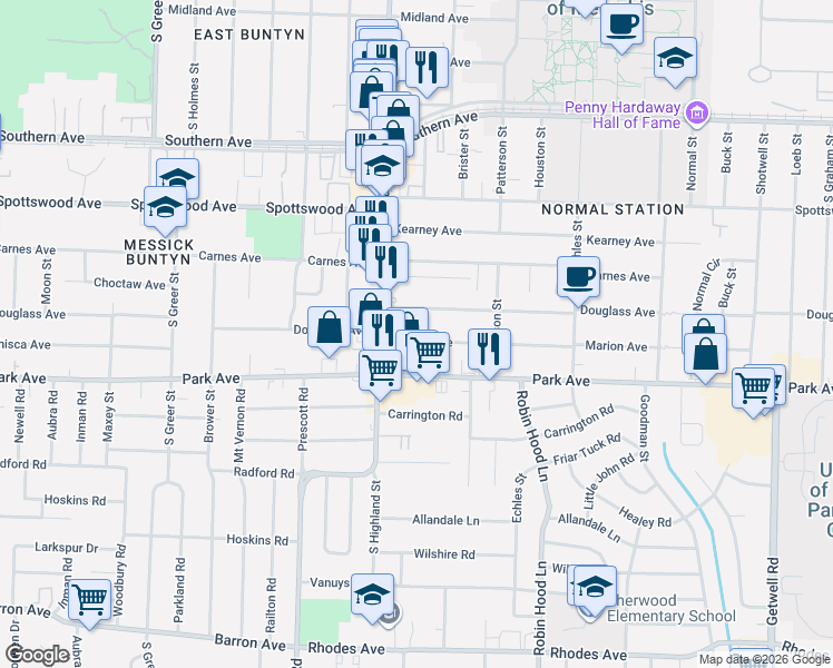 map of restaurants, bars, coffee shops, grocery stores, and more near 3540 Marion Avenue in Memphis