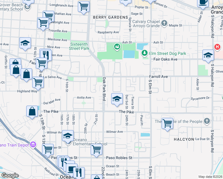 map of restaurants, bars, coffee shops, grocery stores, and more near 562 Bakeman Lane in Arroyo Grande