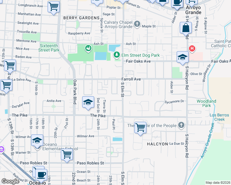 map of restaurants, bars, coffee shops, grocery stores, and more near 575 Carmella Drive in Arroyo Grande