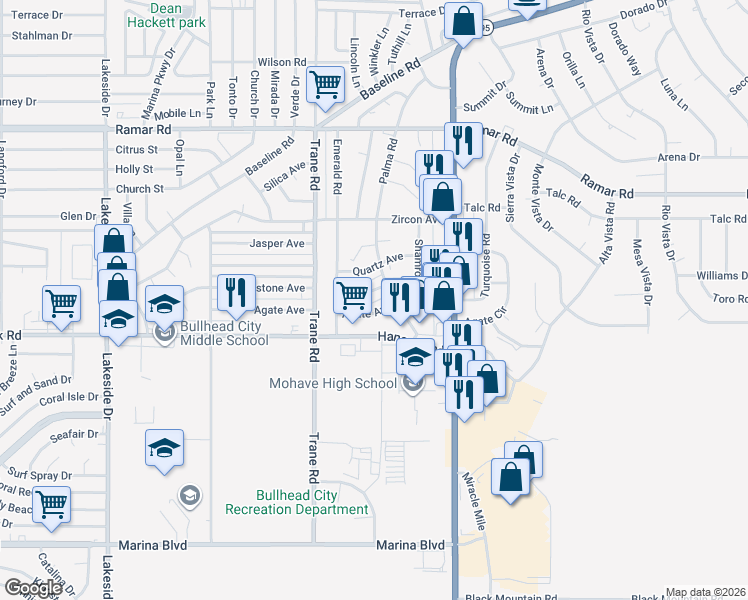 map of restaurants, bars, coffee shops, grocery stores, and more near 1335 Agate Avenue in Bullhead City