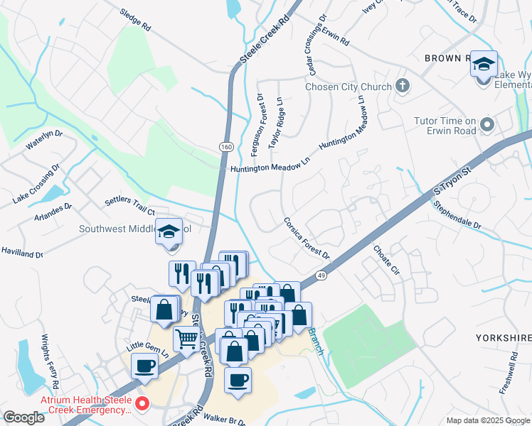 map of restaurants, bars, coffee shops, grocery stores, and more near 14931 Aven Creek Court in Charlotte
