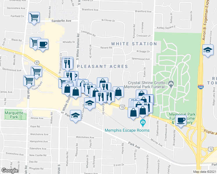 map of restaurants, bars, coffee shops, grocery stores, and more near 805 West Suggs Drive in Memphis