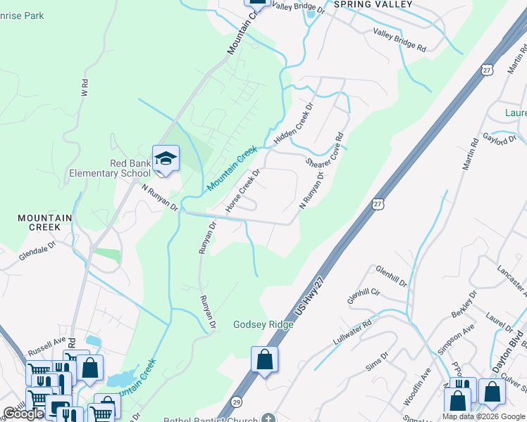 map of restaurants, bars, coffee shops, grocery stores, and more near 428 Stable View Circle in Chattanooga