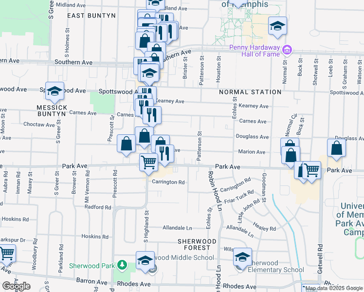 map of restaurants, bars, coffee shops, grocery stores, and more near 3584 Marion Avenue in Memphis