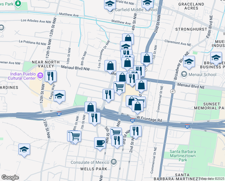 map of restaurants, bars, coffee shops, grocery stores, and more near 428 Prospect Avenue Northwest in Albuquerque