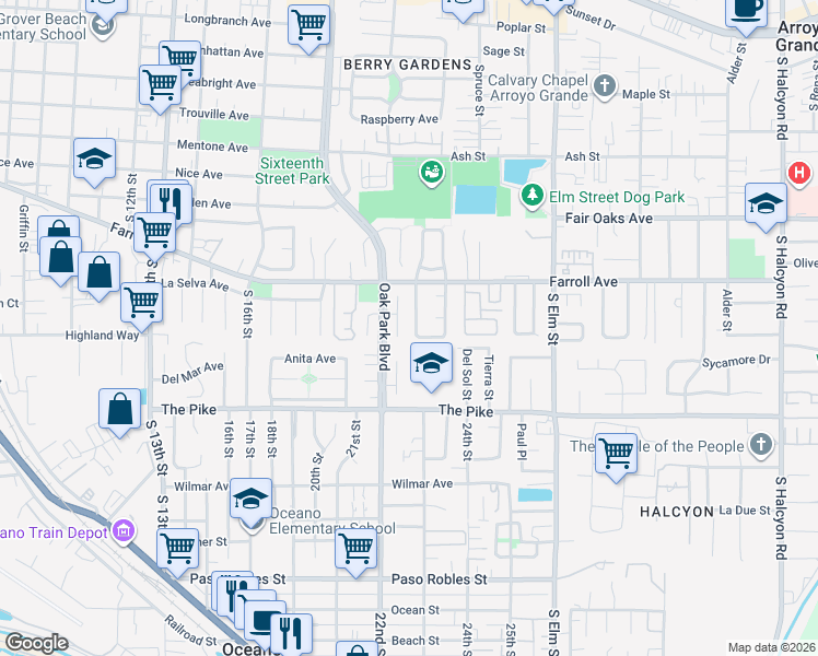 map of restaurants, bars, coffee shops, grocery stores, and more near 562 Bakeman Lane in Arroyo Grande