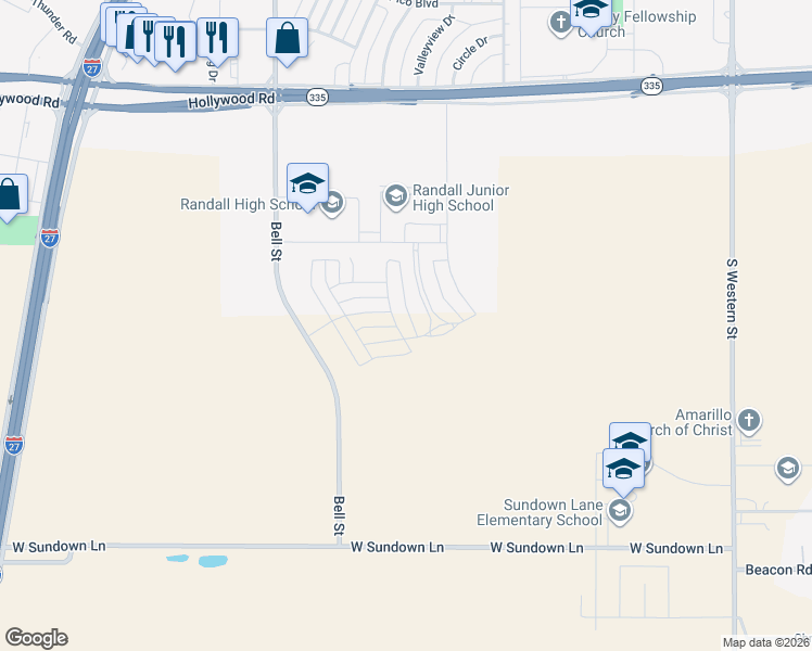 map of restaurants, bars, coffee shops, grocery stores, and more near 5868 Attebury Drive in Amarillo