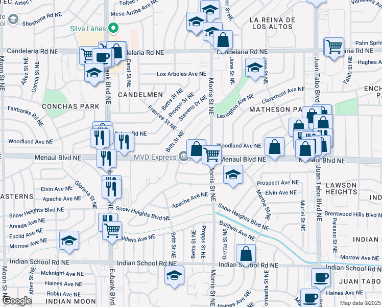 map of restaurants, bars, coffee shops, grocery stores, and more near 10301 Menaul Boulevard Northeast in Albuquerque
