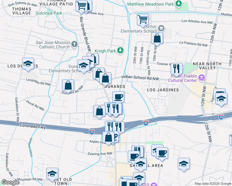 map of restaurants, bars, coffee shops, grocery stores, and more near 2305 San Francisco Road Northwest in Albuquerque