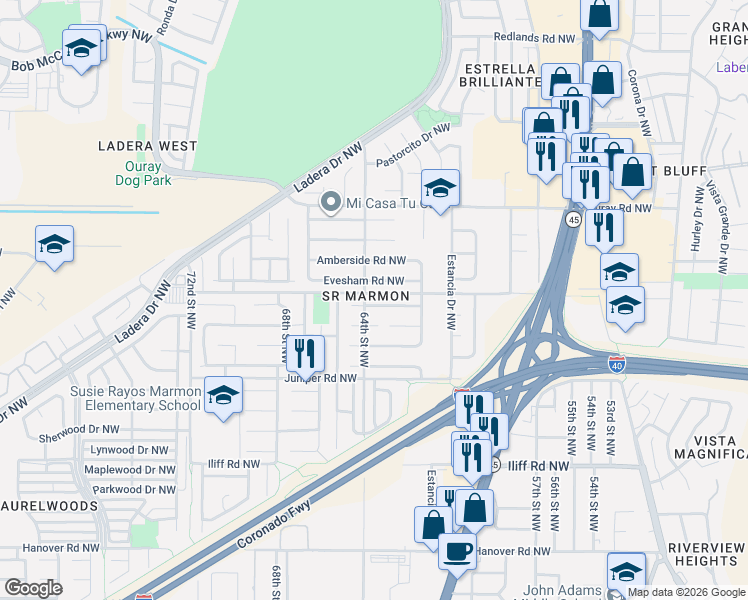 map of restaurants, bars, coffee shops, grocery stores, and more near 6401 Sunray Court Northwest in Albuquerque