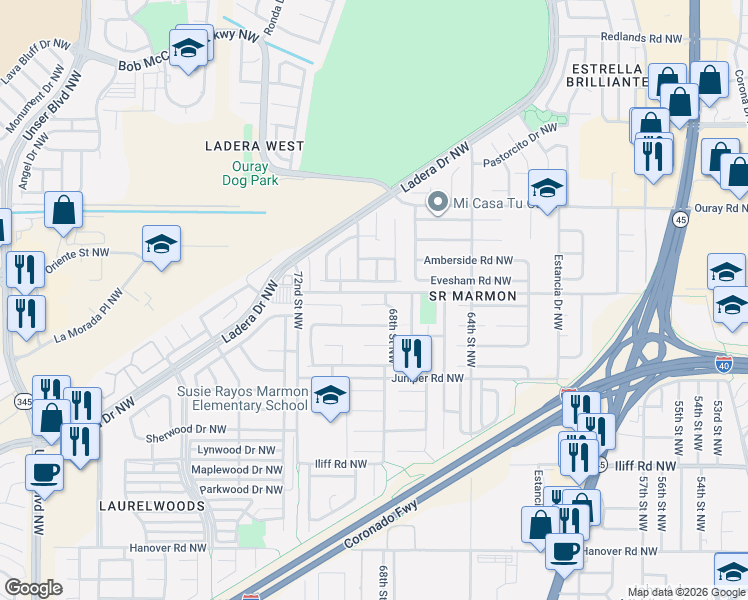 map of restaurants, bars, coffee shops, grocery stores, and more near 6912 Toratolla Court Northwest in Albuquerque