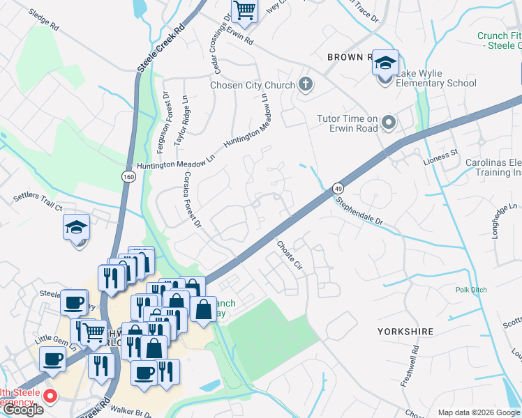 map of restaurants, bars, coffee shops, grocery stores, and more near 12344 Honey Hill Lane in Charlotte