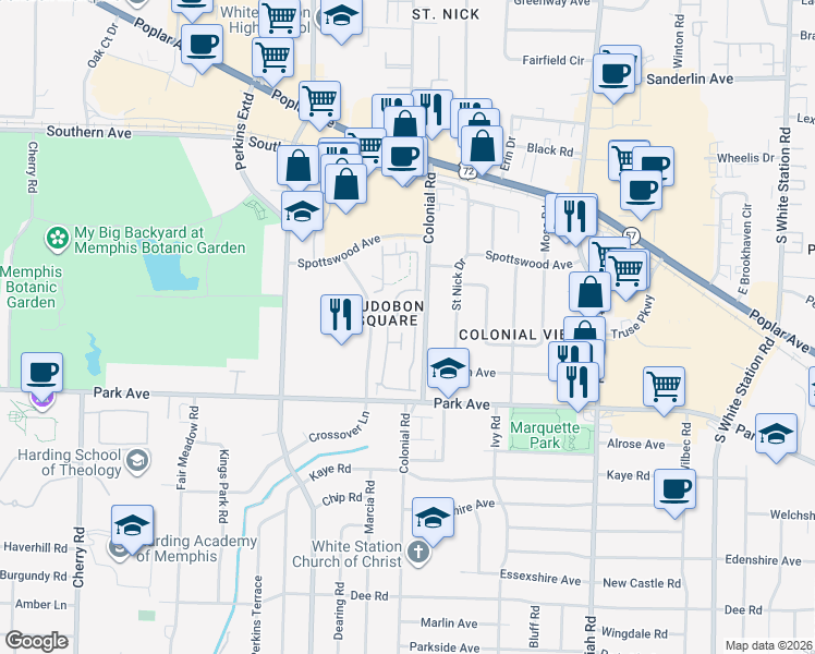 map of restaurants, bars, coffee shops, grocery stores, and more near 728 Hedgegrove Drive in Memphis