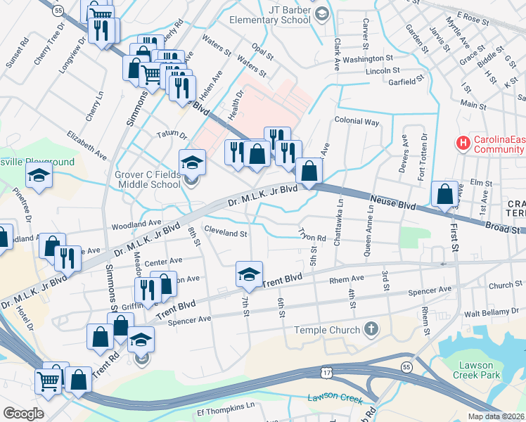 map of restaurants, bars, coffee shops, grocery stores, and more near 1814A Tryon Rd in New Bern