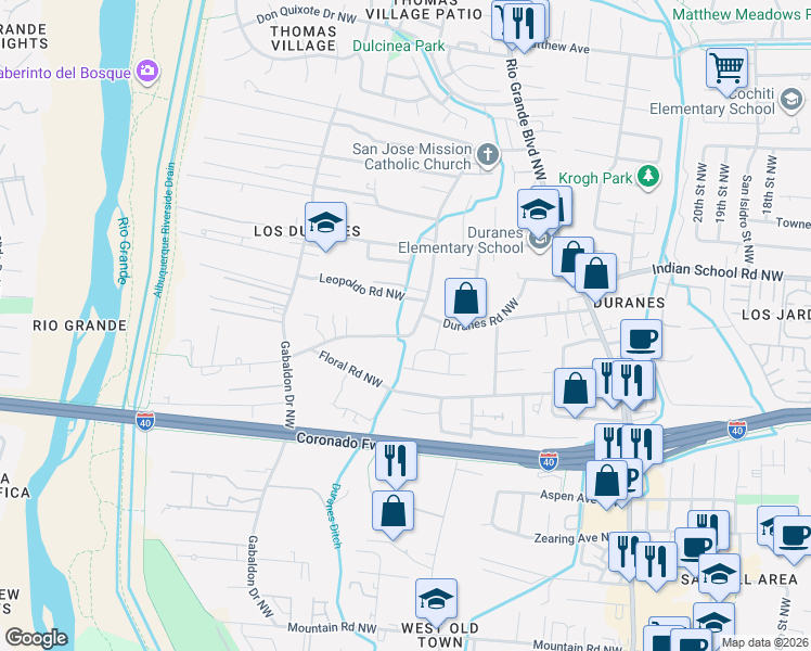 map of restaurants, bars, coffee shops, grocery stores, and more near 2843 Duranes Road Northwest in Albuquerque