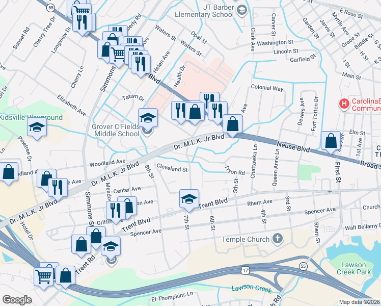 map of restaurants, bars, coffee shops, grocery stores, and more near 1814A Tryon Rd in New Bern