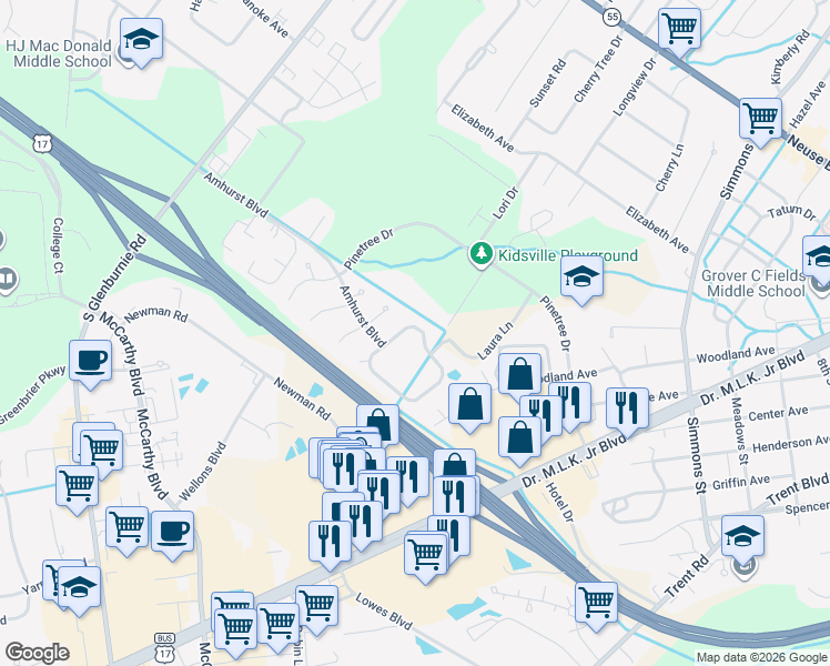 map of restaurants, bars, coffee shops, grocery stores, and more near 208 Monterey Circle in New Bern