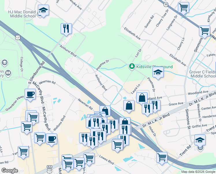 map of restaurants, bars, coffee shops, grocery stores, and more near 232 Monterey Circle in New Bern