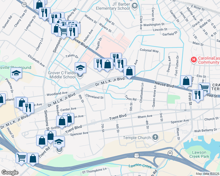 map of restaurants, bars, coffee shops, grocery stores, and more near 1814A Tryon Rd in New Bern