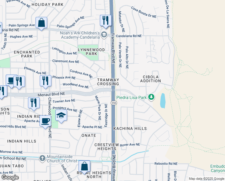map of restaurants, bars, coffee shops, grocery stores, and more near Tramway Blvd NE & Menaul Blvd NE in Albuquerque