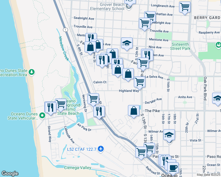 map of restaurants, bars, coffee shops, grocery stores, and more near 901 Highland Way in Grover Beach